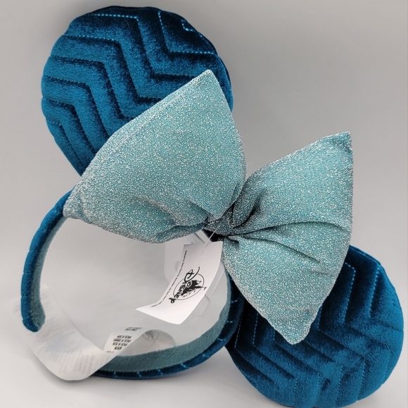 Disney Parks WDW Teal Velvet Chevron & Aqua Glitter Bow Ear Headband main image 4